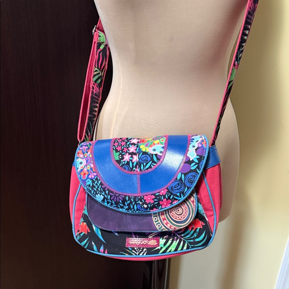Handmade Cotton and Leather Floral Patchwork Crossbody Bag